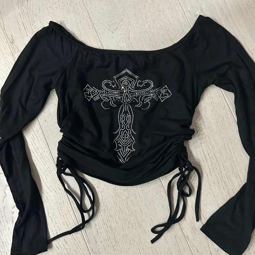 Black velvet crop top w/ rhinestone cross